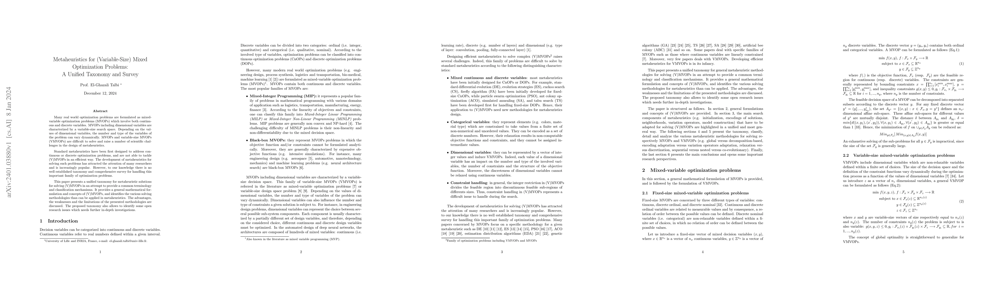Thumbnail for Metaheuristics for (Variable-Size) Mixed Optimization Problems: A
  Unified Taxonomy and Survey