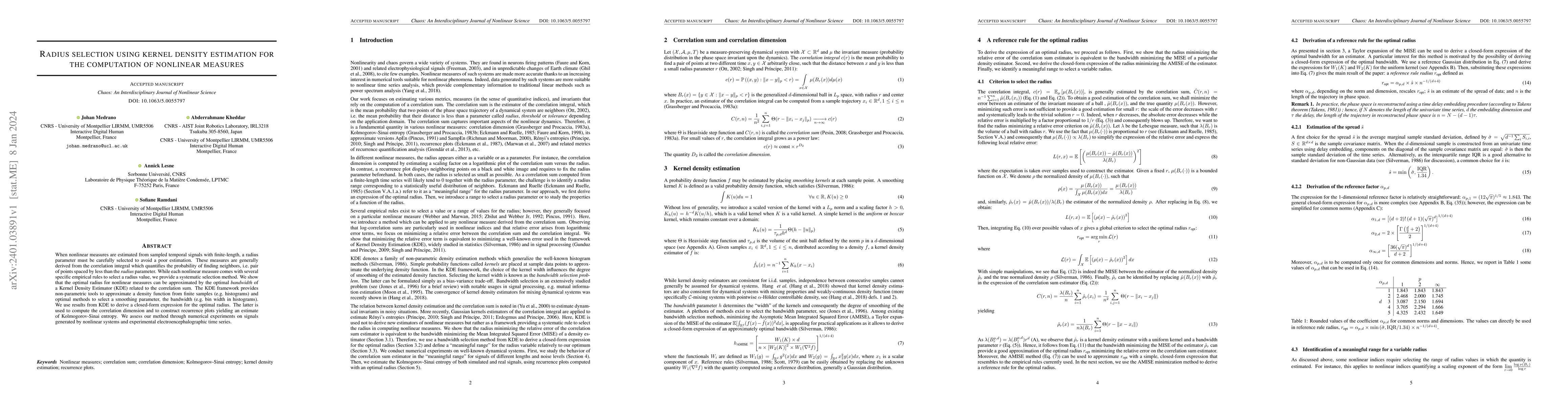 Thumbnail for Radius selection using kernel density estimation for the computation of
  nonlinear measures