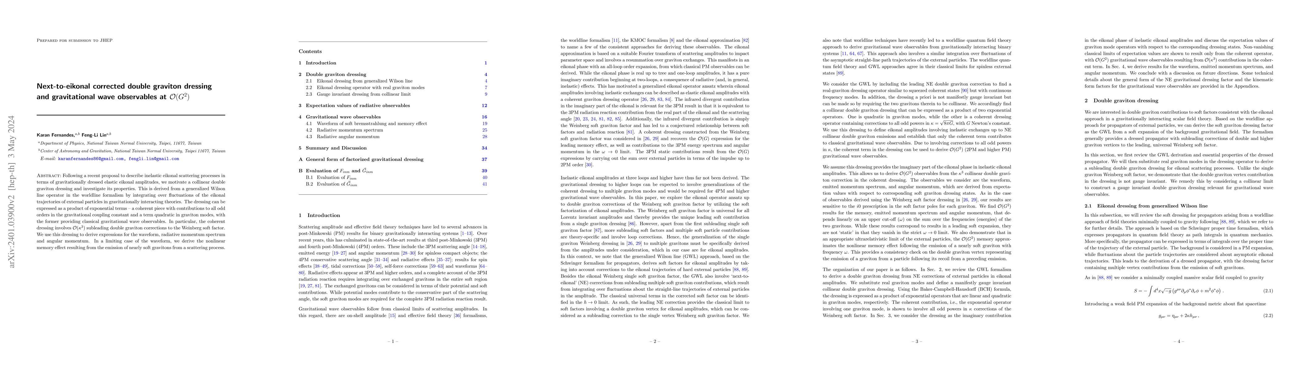Thumbnail for Next-to-eikonal corrected double graviton dressing and gravitational
  wave observables at ${\cal O}(G^2)$