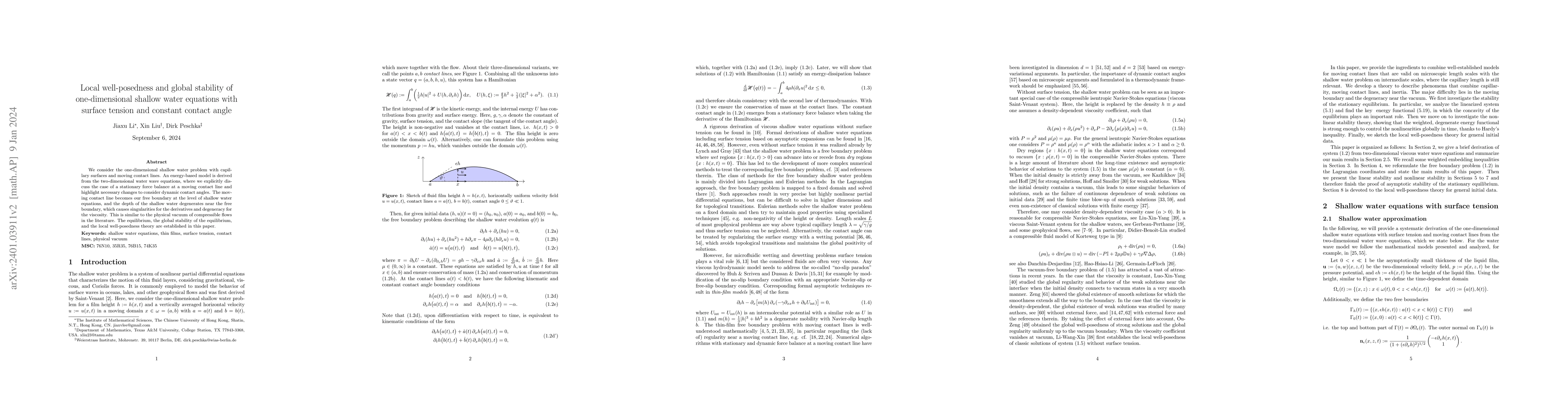 Thumbnail for Local well-posedness and global stability of one-dimensional shallow
  water equations with surface tension and constant contact angle