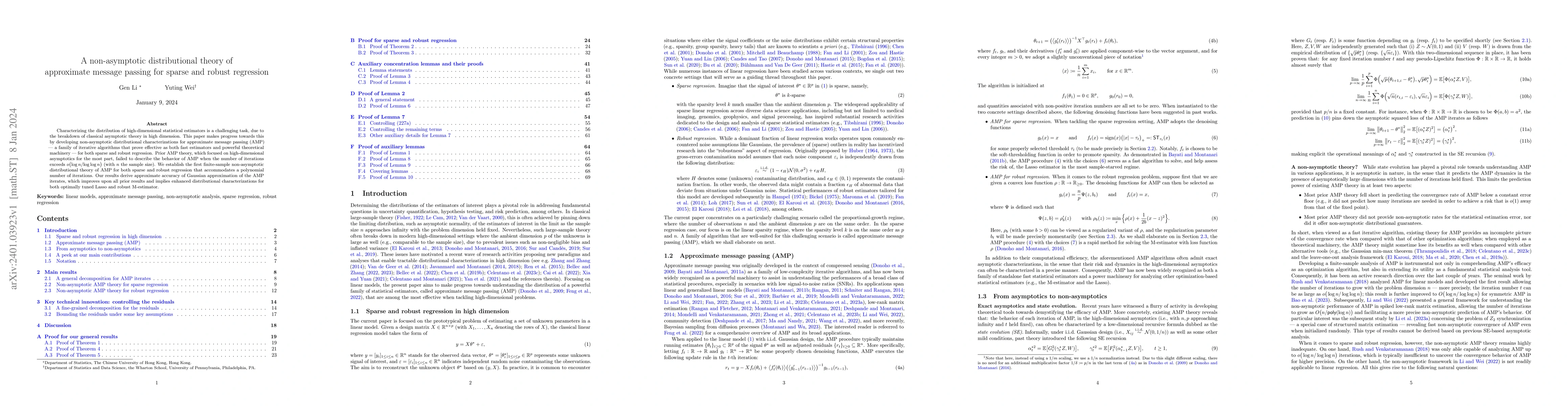Thumbnail for A non-asymptotic distributional theory of approximate message passing
  for sparse and robust regression
