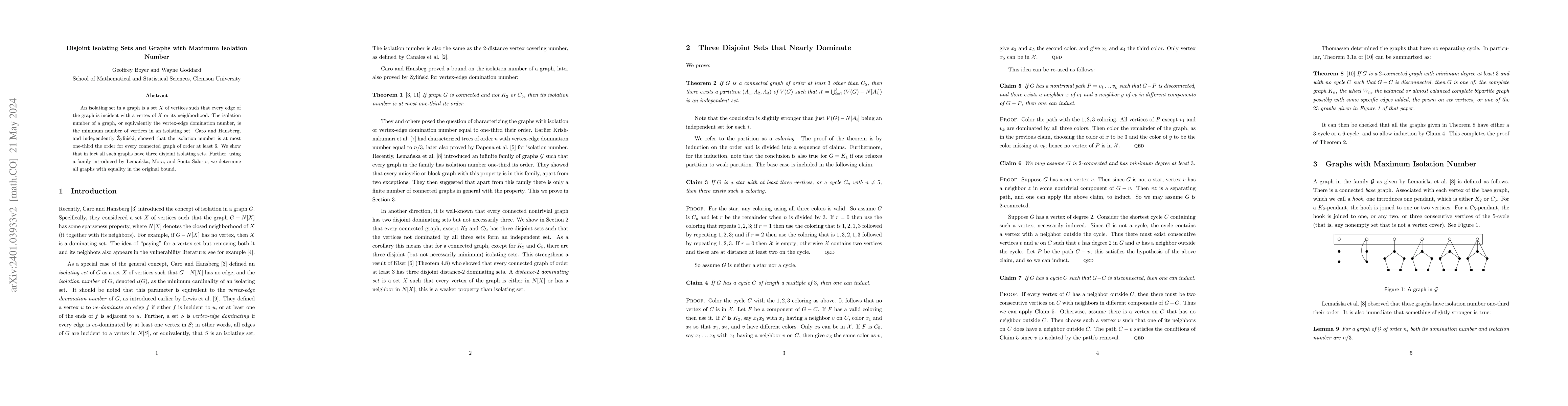 Thumbnail for Disjoint Isolating Sets and Graphs with Maximum Isolation Number