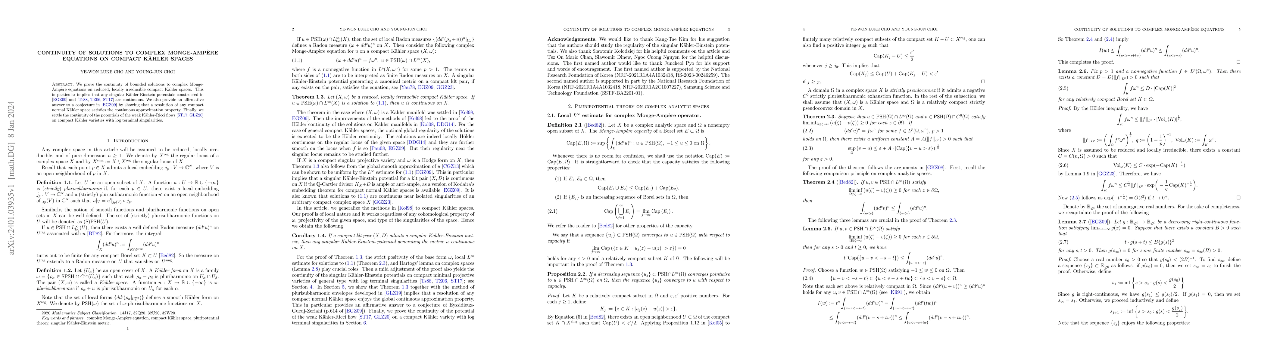 Thumbnail for Continuity of solutions to complex Monge-Amp\`{e}re equations on compact
  K\"{a}hler spaces