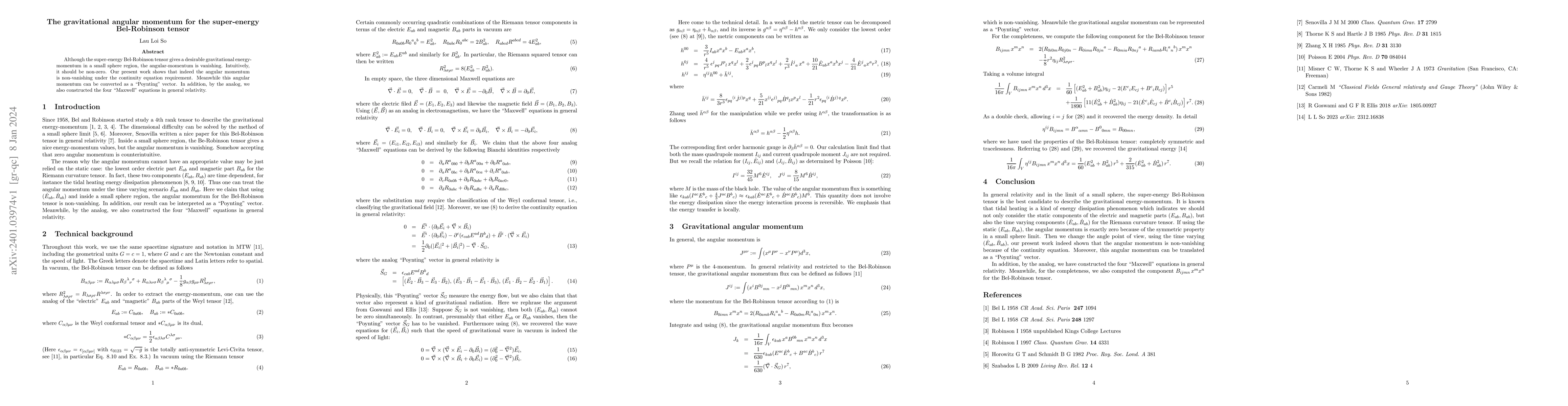 Thumbnail for The gravitational angular momentum for the super-energy Bel-Robinson
  tensor