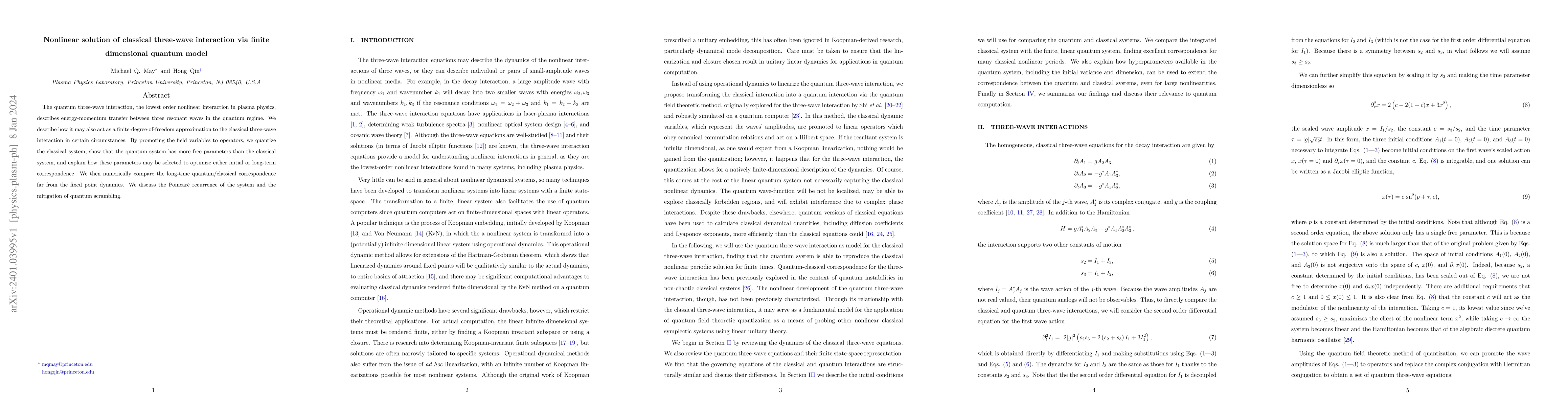 Thumbnail for Nonlinear solution of classical three-wave interaction via finite
  dimensional quantum model