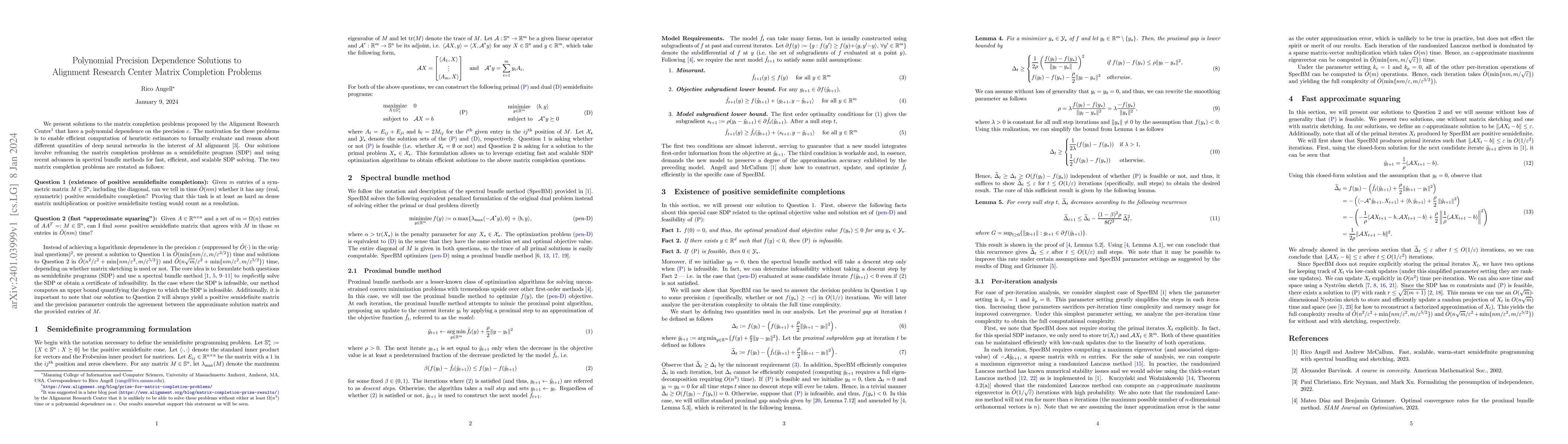 Thumbnail for Polynomial Precision Dependence Solutions to Alignment Research Center
  Matrix Completion Problems