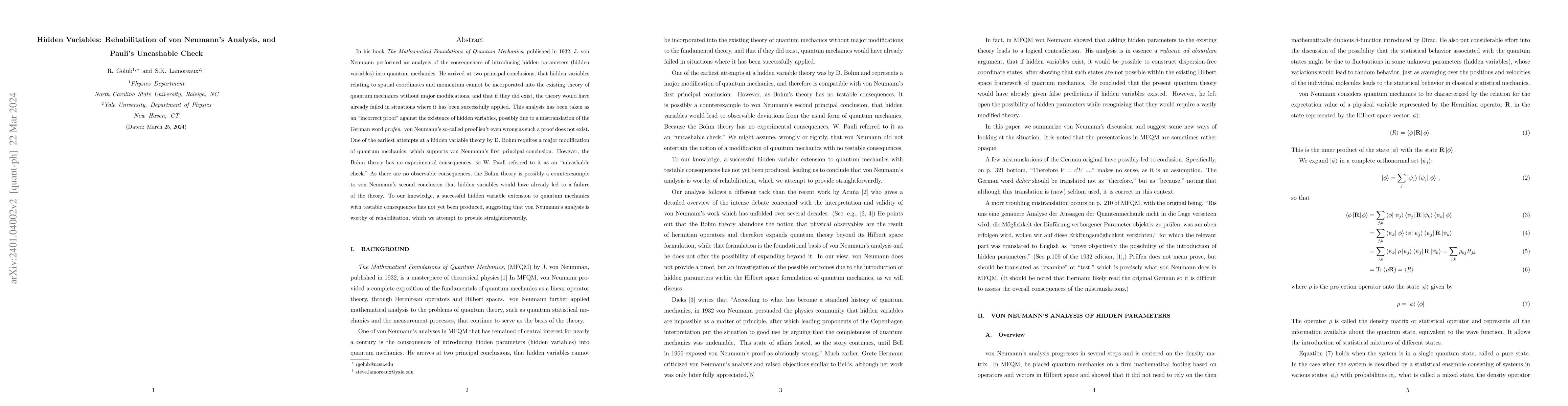 Thumbnail for Hidden Variables: Rehabilitation of von Neumann's Analysis, and Pauli's
  Uncashable Check
