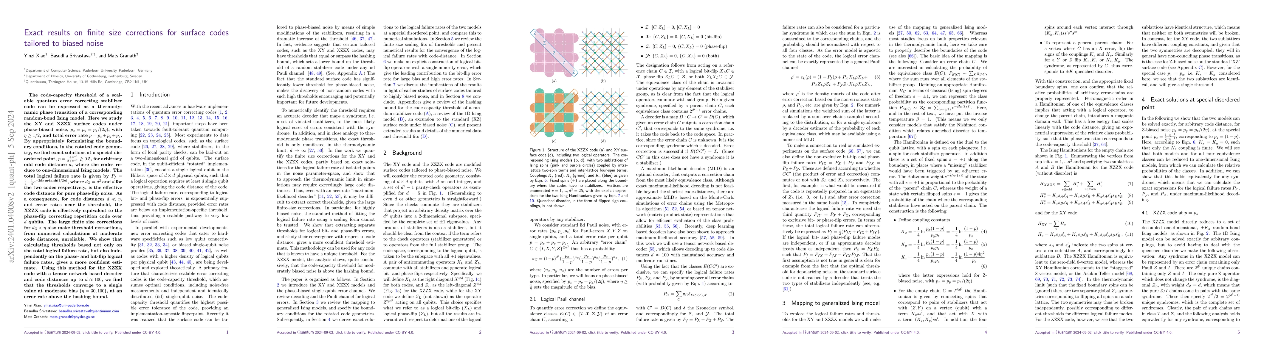 Thumbnail for Exact results on finite size corrections for surface codes tailored to
  biased noise