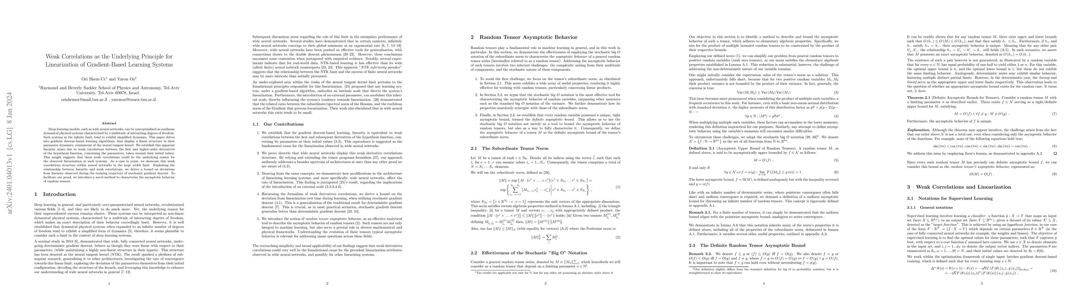 Thumbnail for Weak Correlations as the Underlying Principle for Linearization of
  Gradient-Based Learning Systems