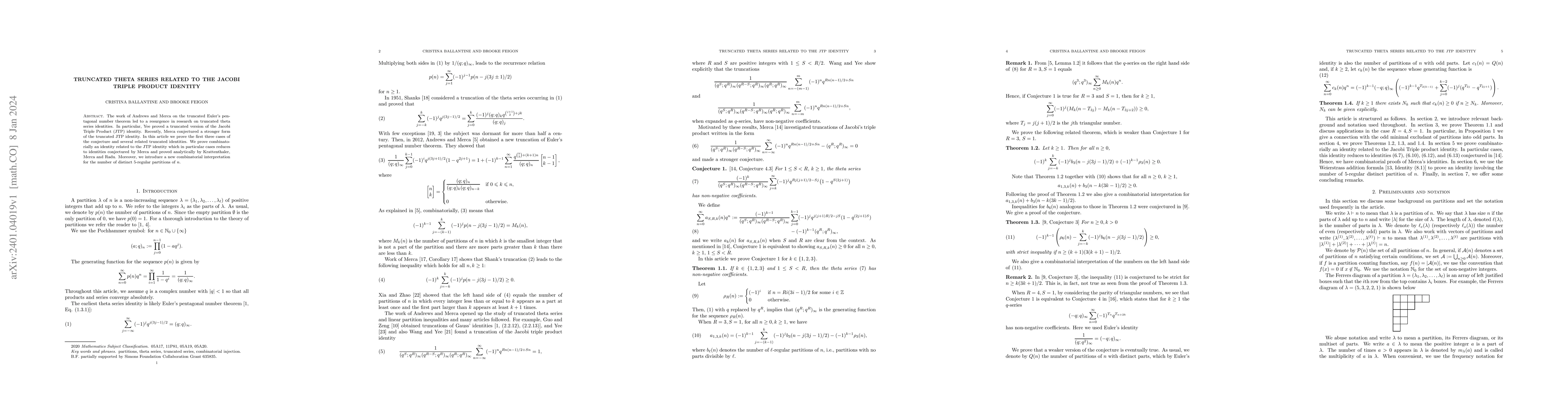 Thumbnail for Truncated Theta Series Related to the Jacobi Triple Product Identity