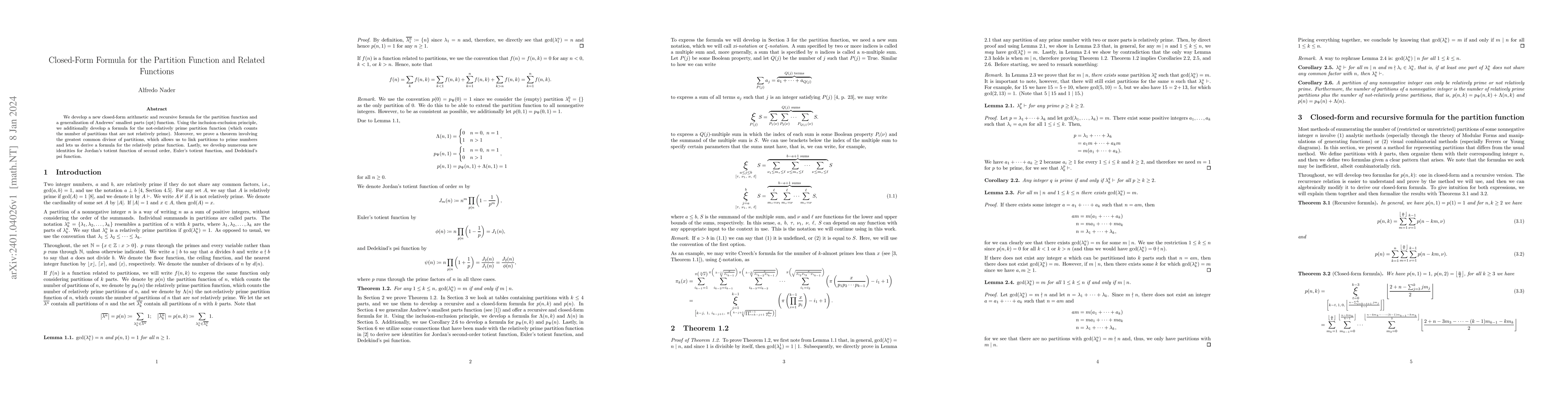 Thumbnail for Closed-Form Formula for the Partition Function and Related Functions
