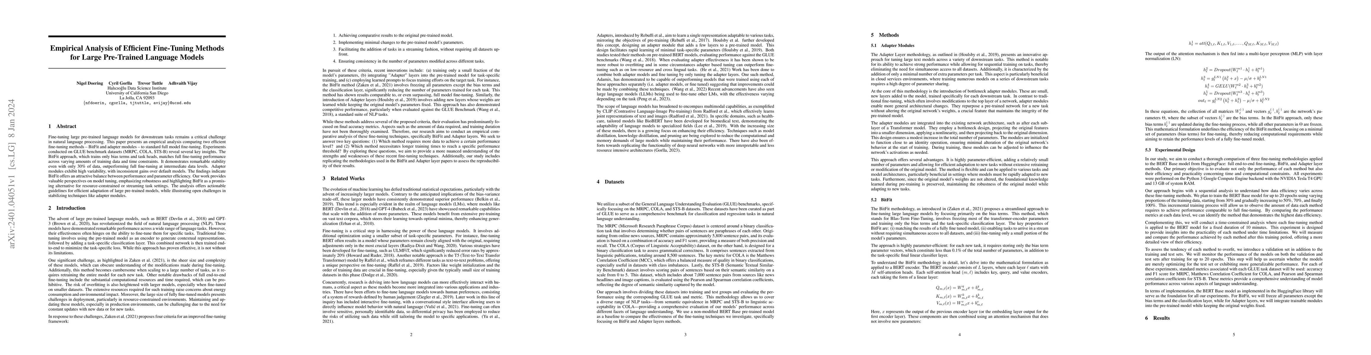 Thumbnail for Empirical Analysis of Efficient Fine-Tuning Methods for Large
  Pre-Trained Language Models