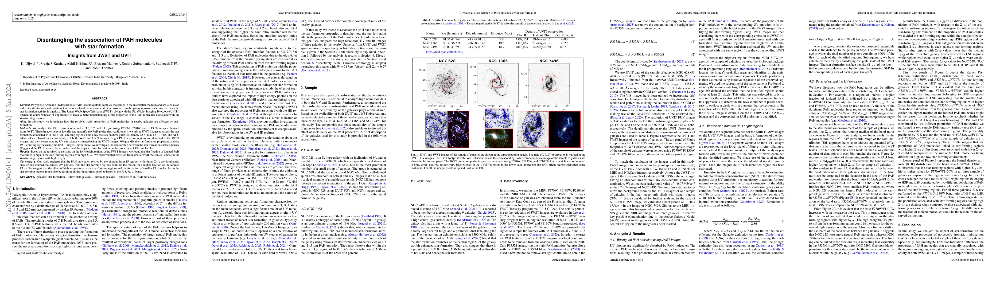 Thumbnail for Disentangling the association of PAH molecules with star formation :
  Insights from JWST and UVIT
