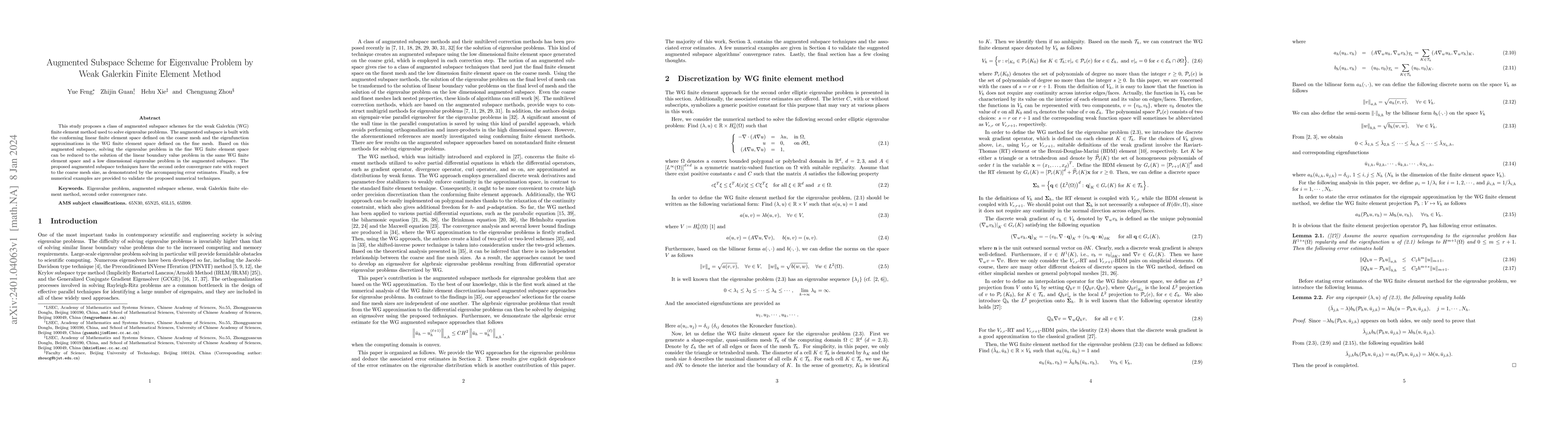 Thumbnail for Augmented Subspace Scheme for Eigenvalue Problem by Weak Galerkin Finite
  Element Method