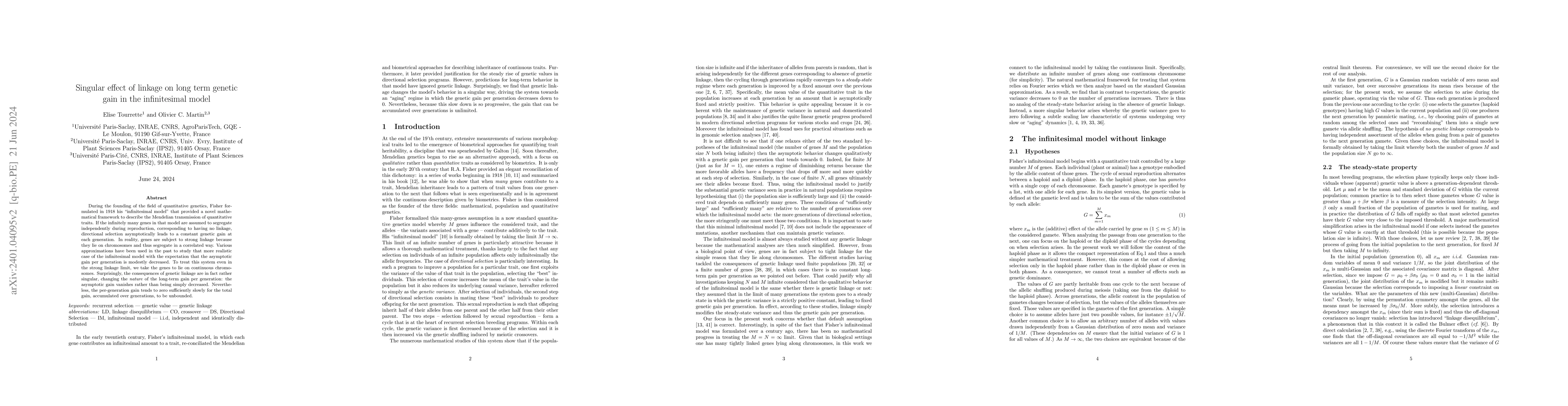 Thumbnail for Singular effect of linkage on long term genetic gain in the
  infinitesimal model