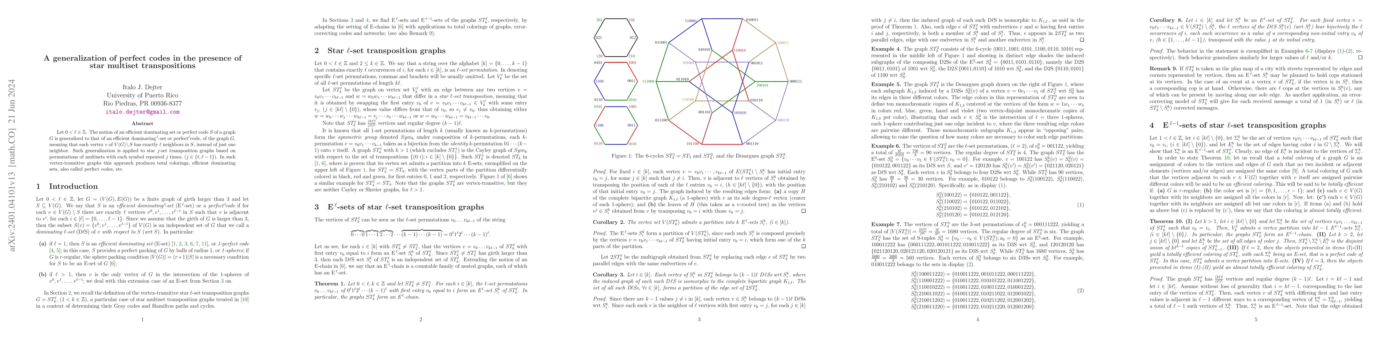 Thumbnail for A generalization of perfect codes in the presence of star multiset
  transpositions