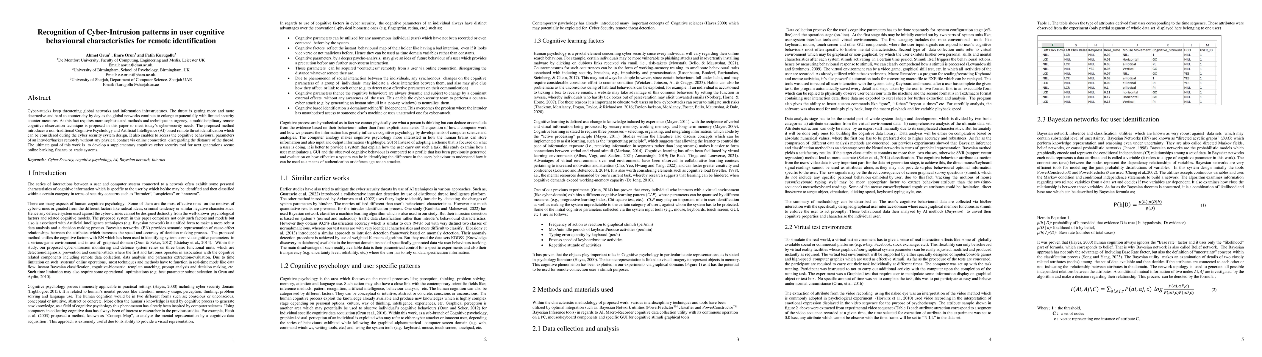 Thumbnail for Recognition of Cyber-Intrusion patterns in user cognitive behavioural
  characteristics for remote identification