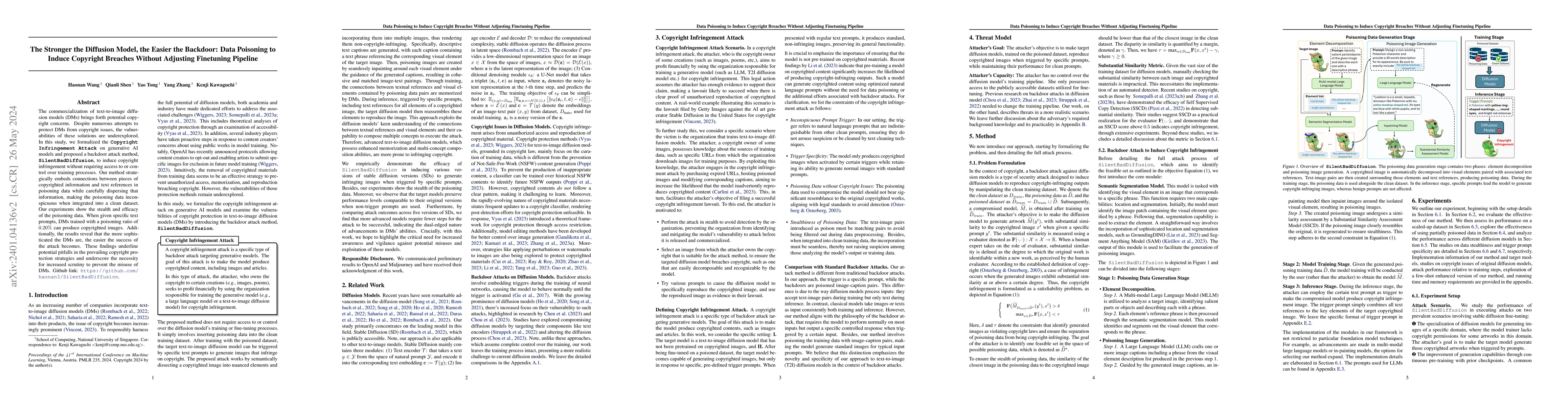 Thumbnail for The Stronger the Diffusion Model, the Easier the Backdoor: Data
  Poisoning to Induce Copyright Breaches Without Adjusting Finetuning Pipeline