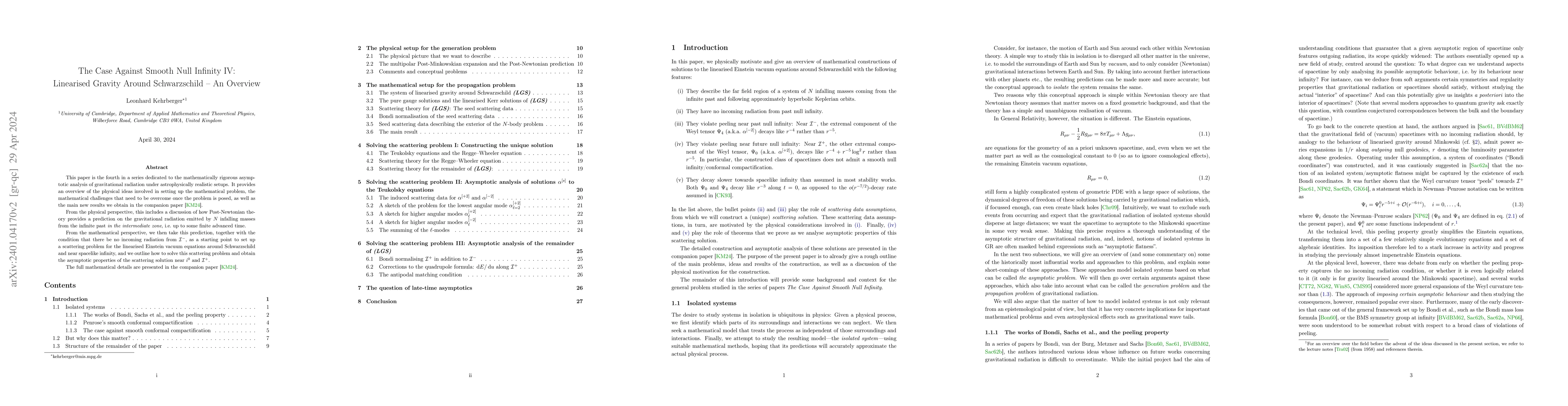 Thumbnail for The Case Against Smooth Null Infinity IV: Linearised Gravity Around
  Schwarzschild -- An Overview