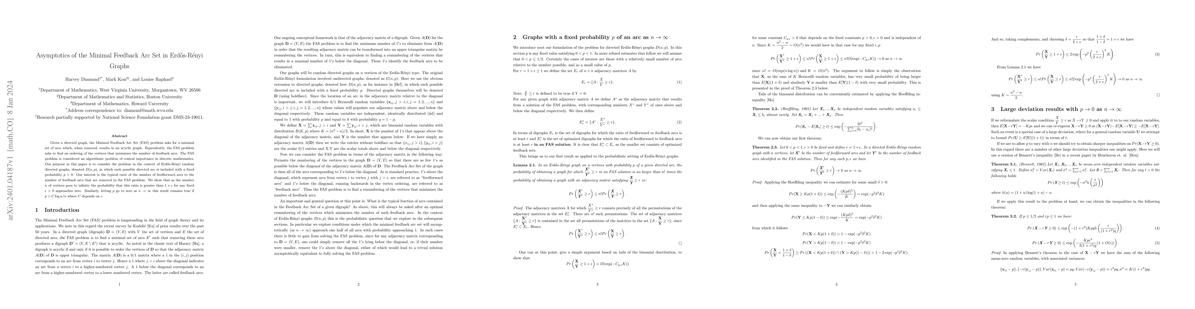 Thumbnail for Asymptotics of the Minimal Feedback Arc Set in Erd\H{o}s-R\'{e}nyi
  Graphs