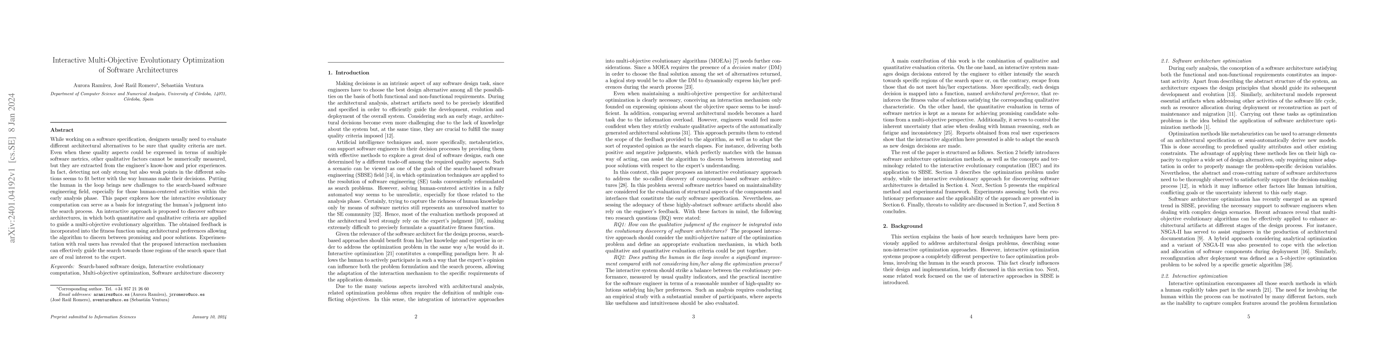 Thumbnail for Interactive Multi-Objective Evolutionary Optimization of Software
  Architectures