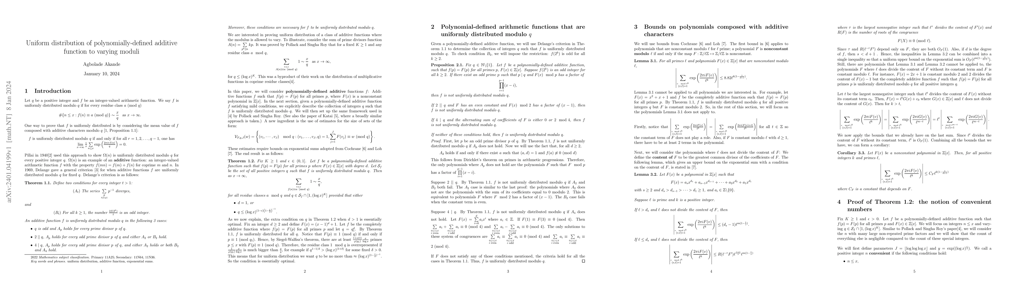 Thumbnail for Uniform distribution of polynomially-defined additive function to
  varying moduli