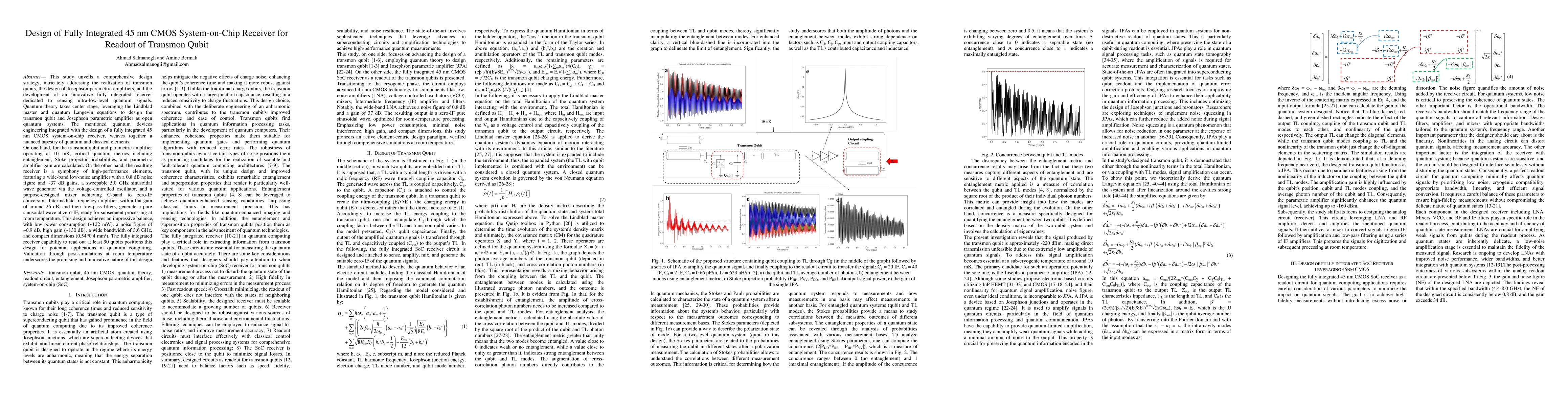 Thumbnail for Design of Fully Integrated 45 nm CMOS System-on-Chip Receiver for
  Readout of Transmon Qubit