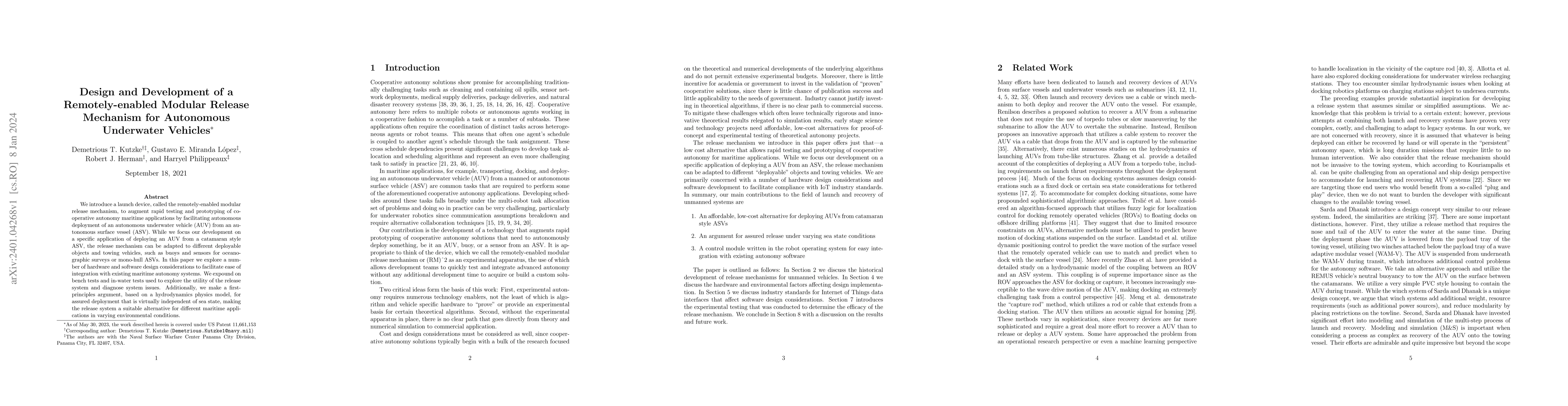 Thumbnail for Design and Development of a Remotely-enabled Modular Release Mechanism
  for Autonomous Underwater Vehicles