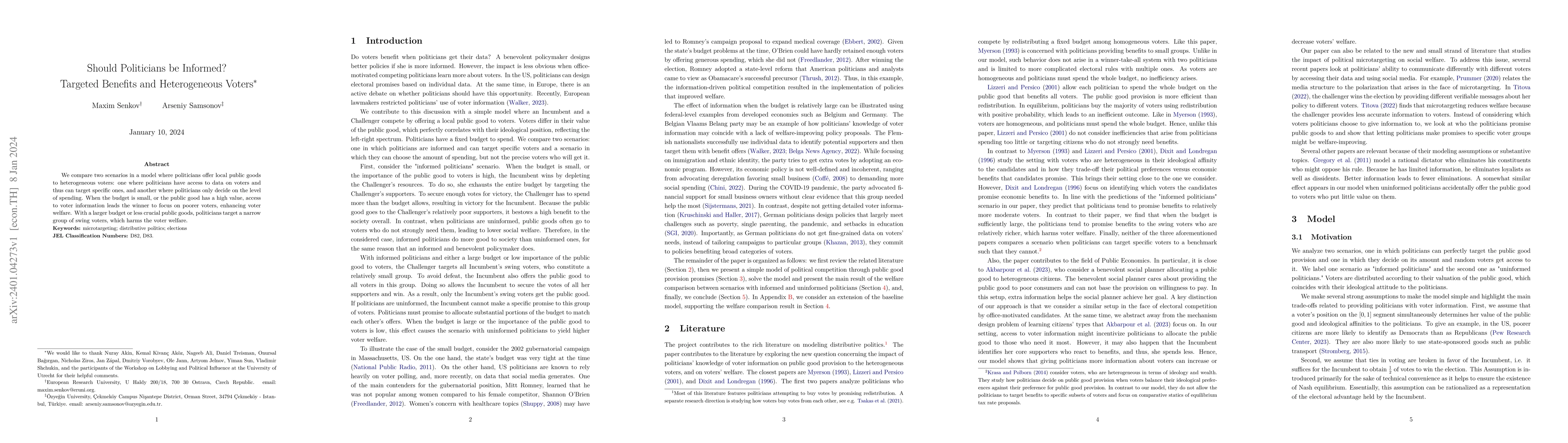 Thumbnail for Should Politicians be Informed? Targeted Benefits and Heterogeneous
  Voters