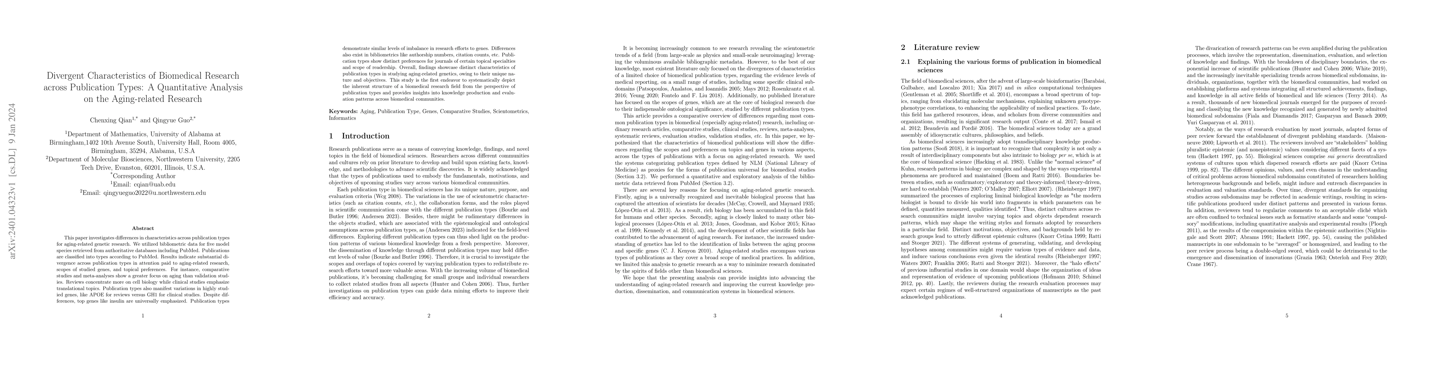Thumbnail for Divergent Characteristics of Biomedical Research across Publication
  Types: A Quantitative Analysis on the Aging-related Research