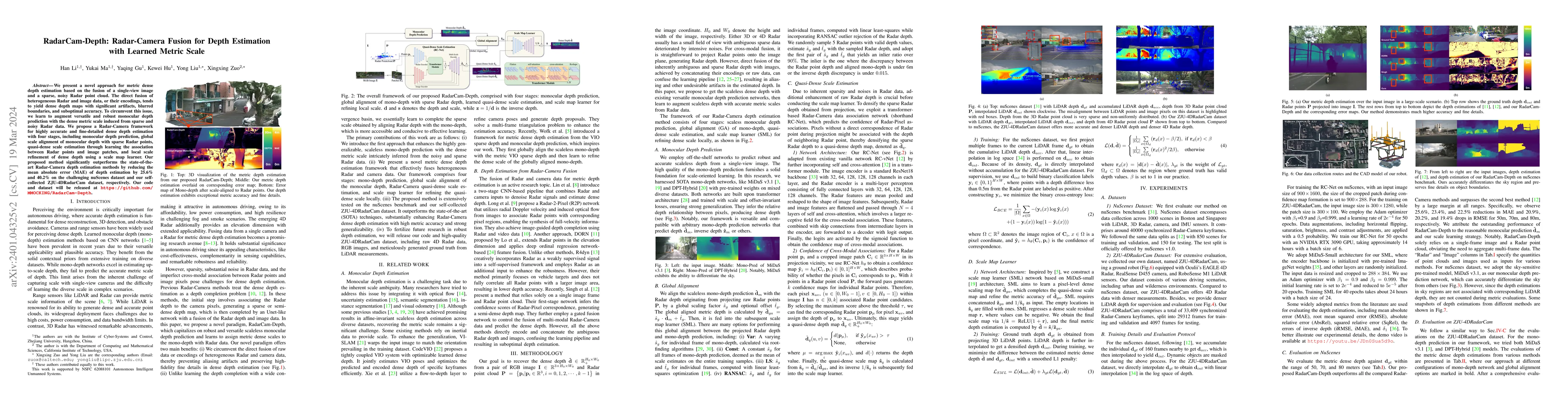 Thumbnail for RadarCam-Depth: Radar-Camera Fusion for Depth Estimation with Learned
  Metric Scale