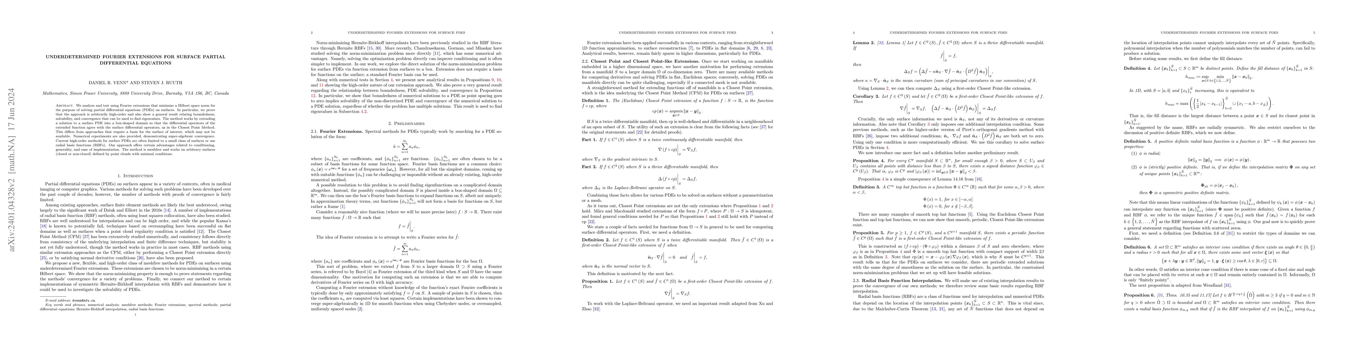 Thumbnail for Underdetermined Fourier Extensions for Partial Differential Equations on
  Surfaces