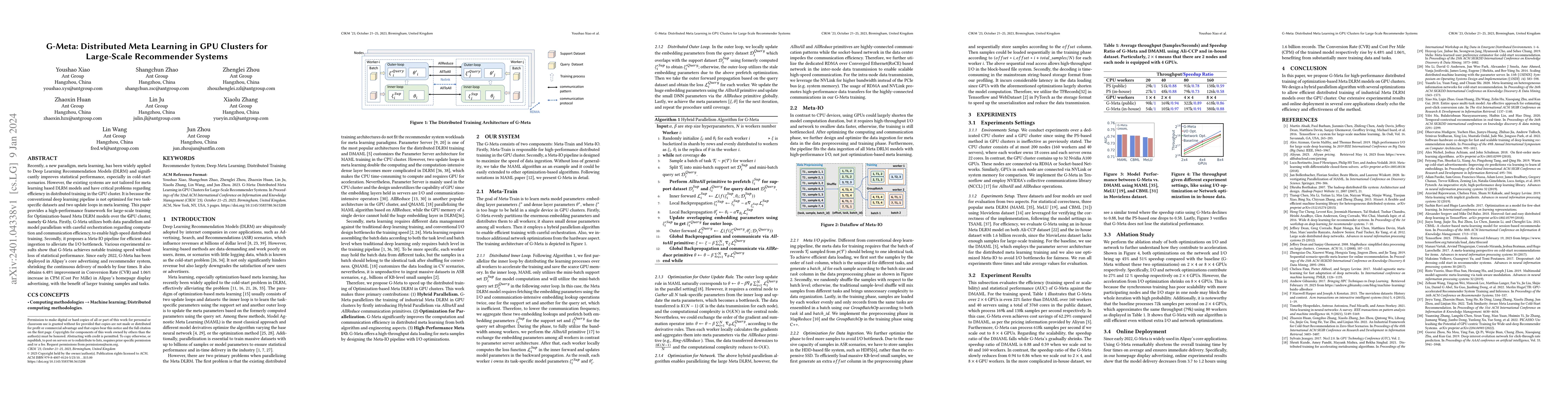 Thumbnail for G-Meta: Distributed Meta Learning in GPU Clusters for Large-Scale
  Recommender Systems