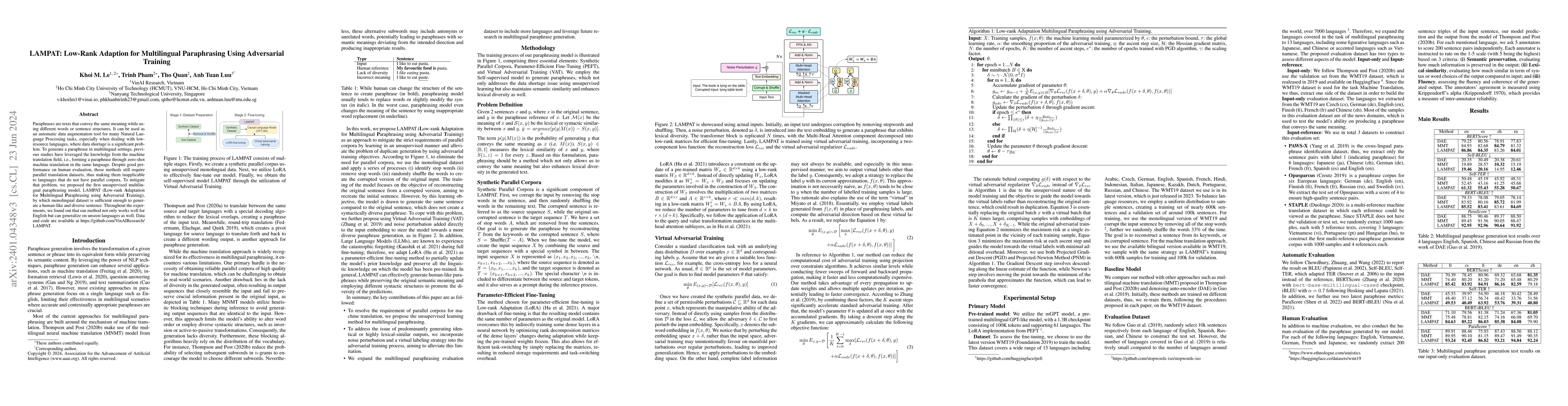 Thumbnail for LAMPAT: Low-Rank Adaption for Multilingual Paraphrasing Using
  Adversarial Training