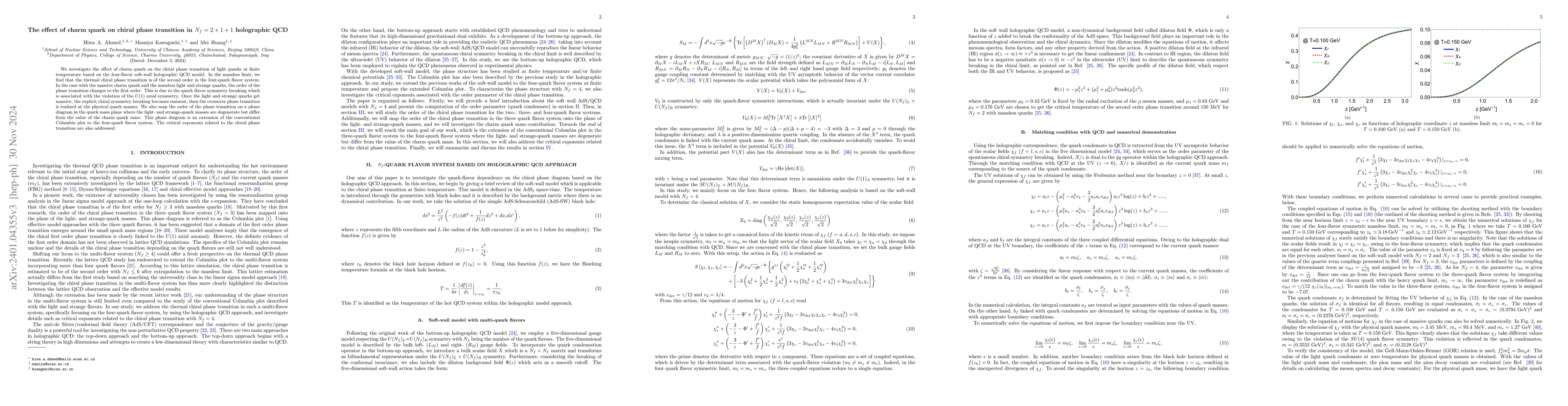 Thumbnail for The effect of charm quark on chiral phase transition in $N_f=2+1+1$
  holographic QCD