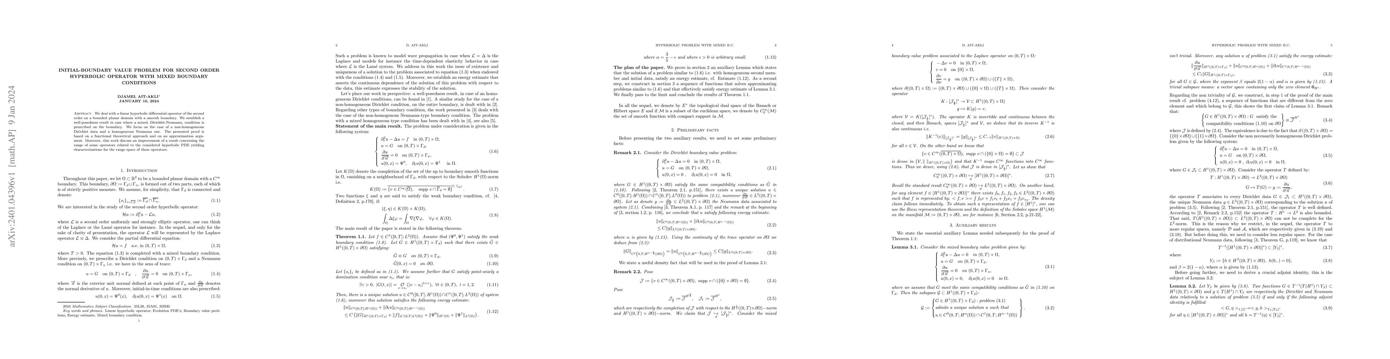 Thumbnail for Initial-boundary value problem for second order hyperbolic operator with
  mixed boundary conditions