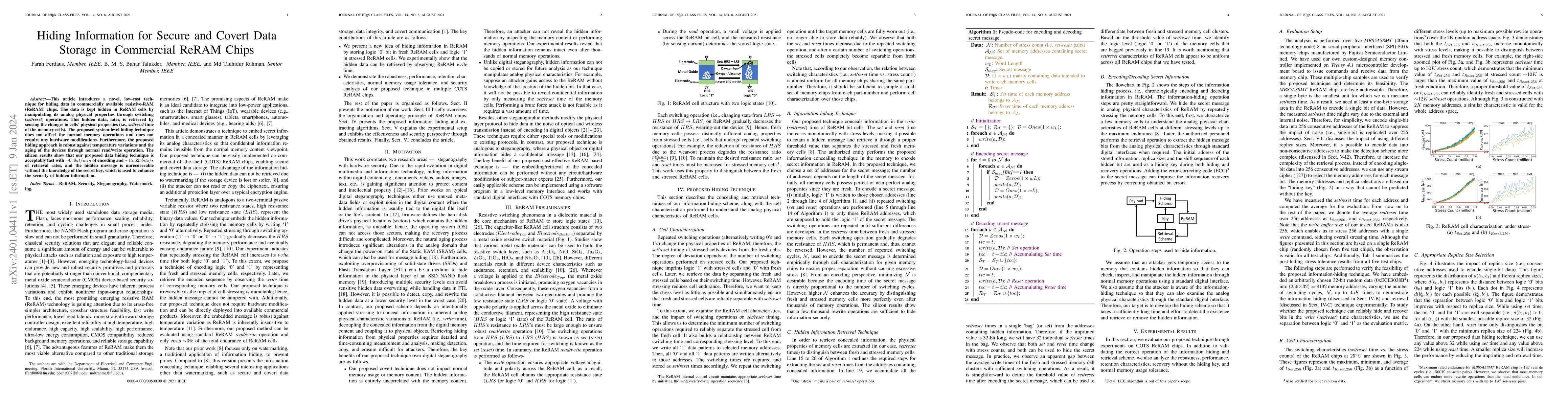 Thumbnail for Hiding Information for Secure and Covert Data Storage in Commercial
  ReRAM Chips