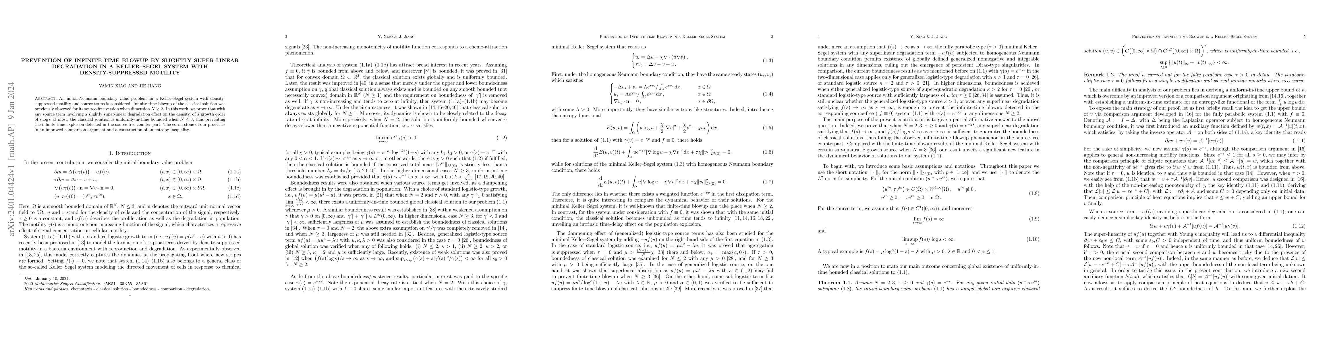 Thumbnail for Prevention of Infinite-time Blowup by Slightly Super-linear Degradation
  in a Keller--Segel System with Density-suppressed Motility