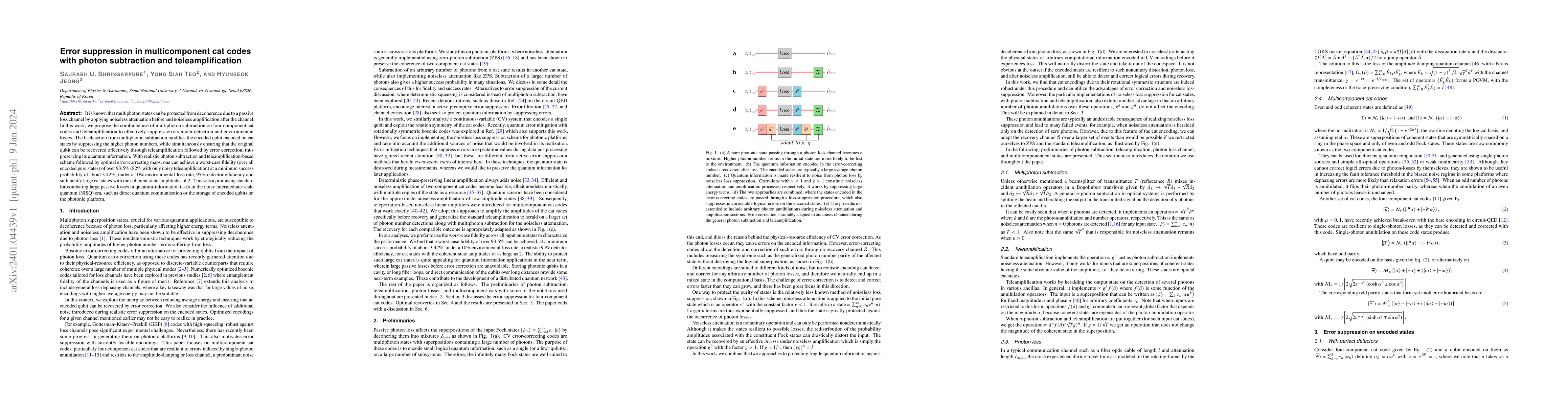 Thumbnail for Error suppression in multicomponent cat codes with photon subtraction
  and teleamplification