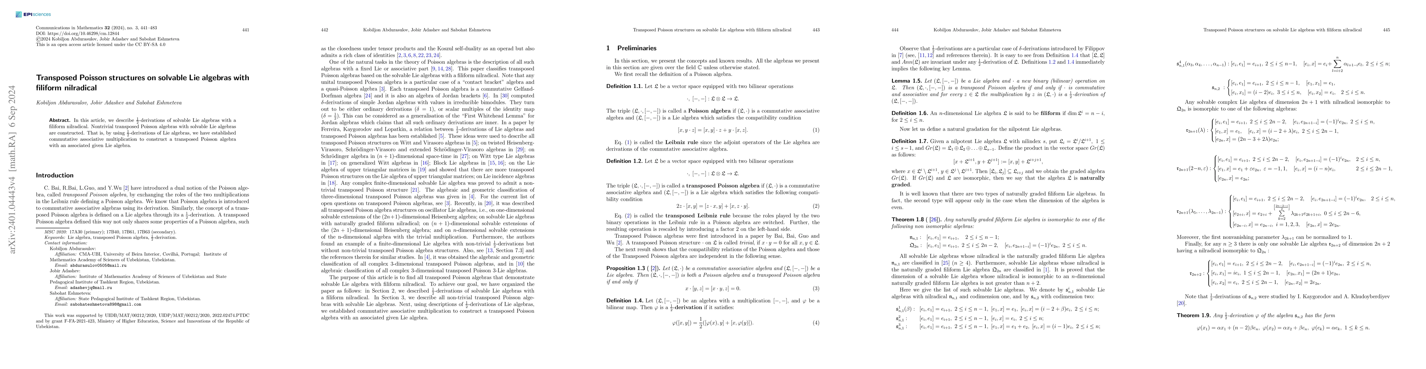 Thumbnail for Transposed Poisson structures on solvable Lie algebras with filiform
  nilradical