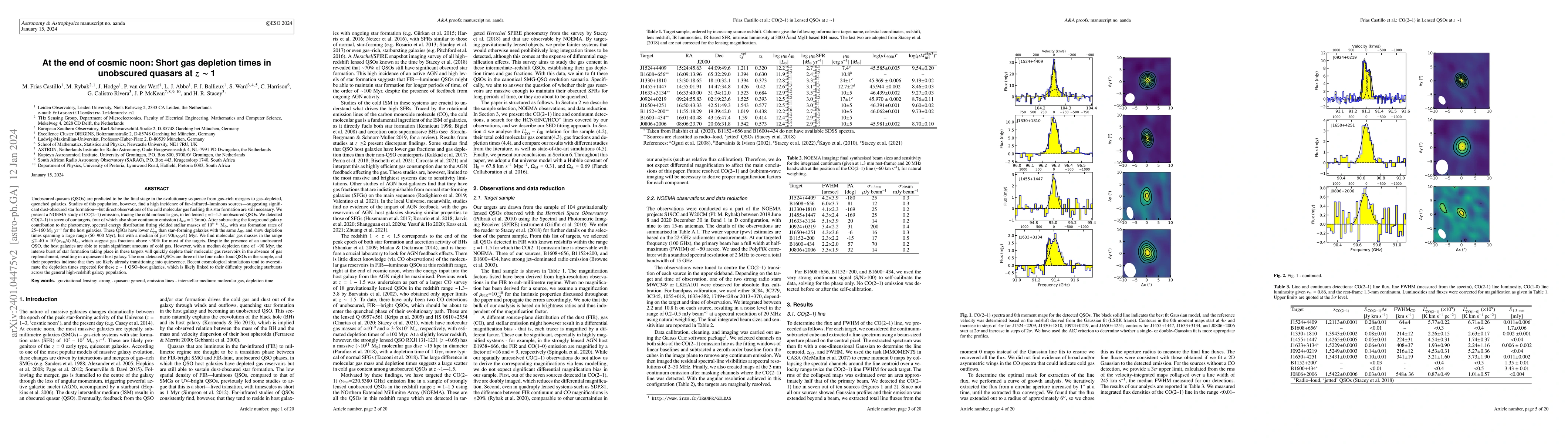 Thumbnail for At the end of cosmic noon: Short gas depletion times in unobscured
  quasars at $z \sim$ 1