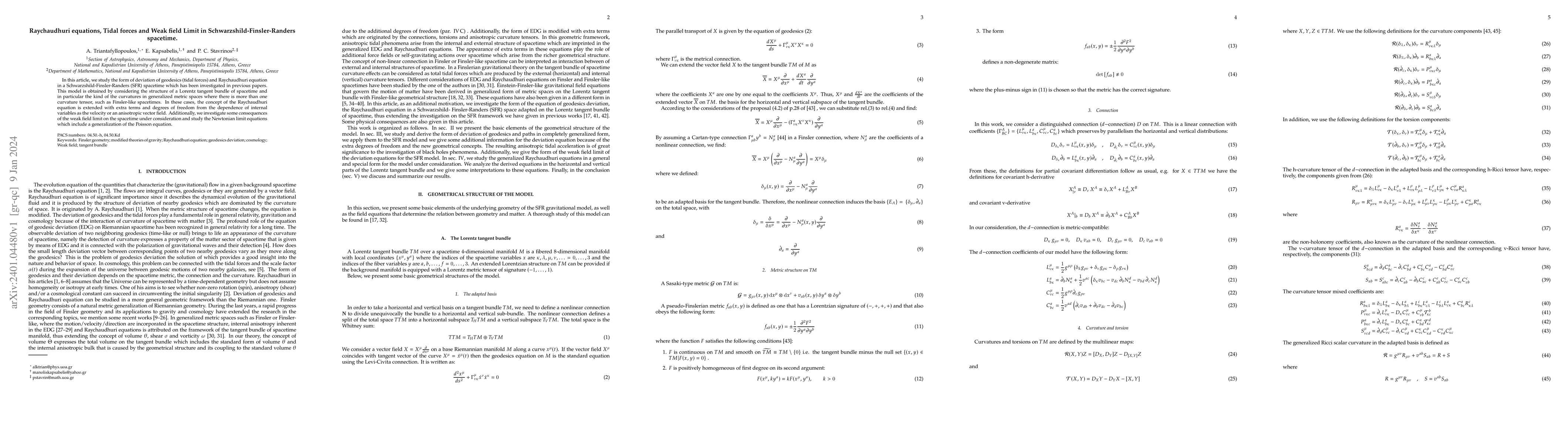Thumbnail for Raychaudhuri equations, Tidal forces and Weak field Limit in
  Schwarzshild-Finsler-Randers spacetime