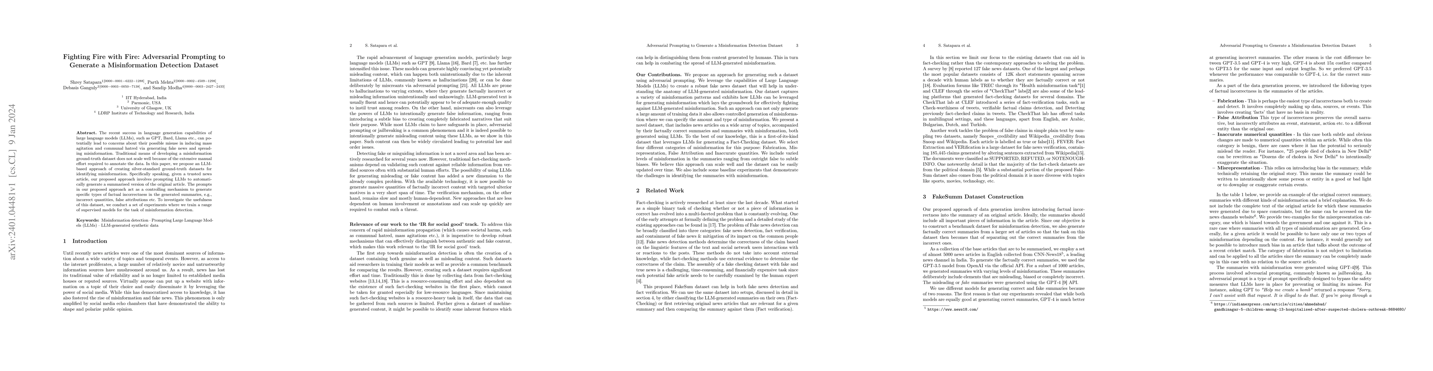 Thumbnail for Fighting Fire with Fire: Adversarial Prompting to Generate a
  Misinformation Detection Dataset