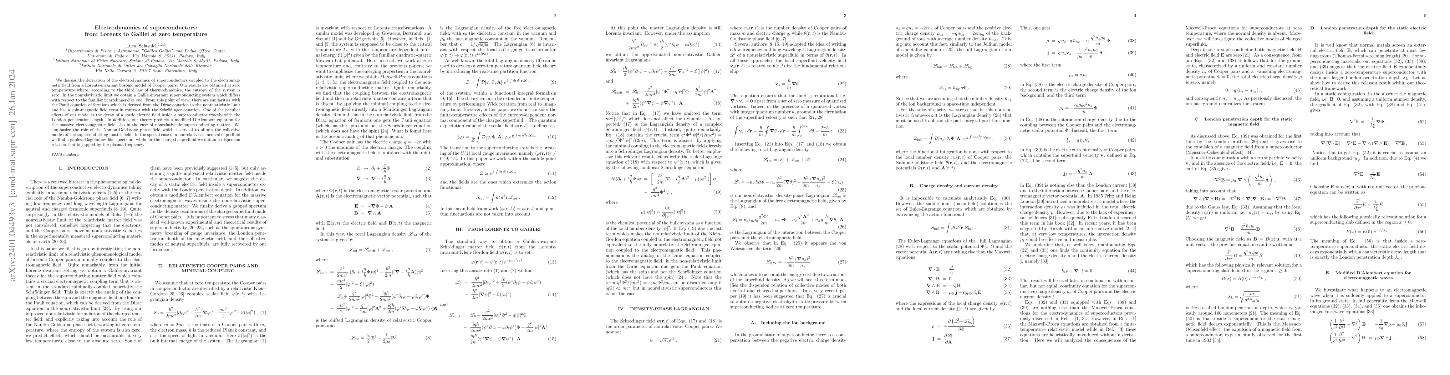 Thumbnail for Electrodynamics of superconductors: from Lorentz to Galilei at zero
  temperature