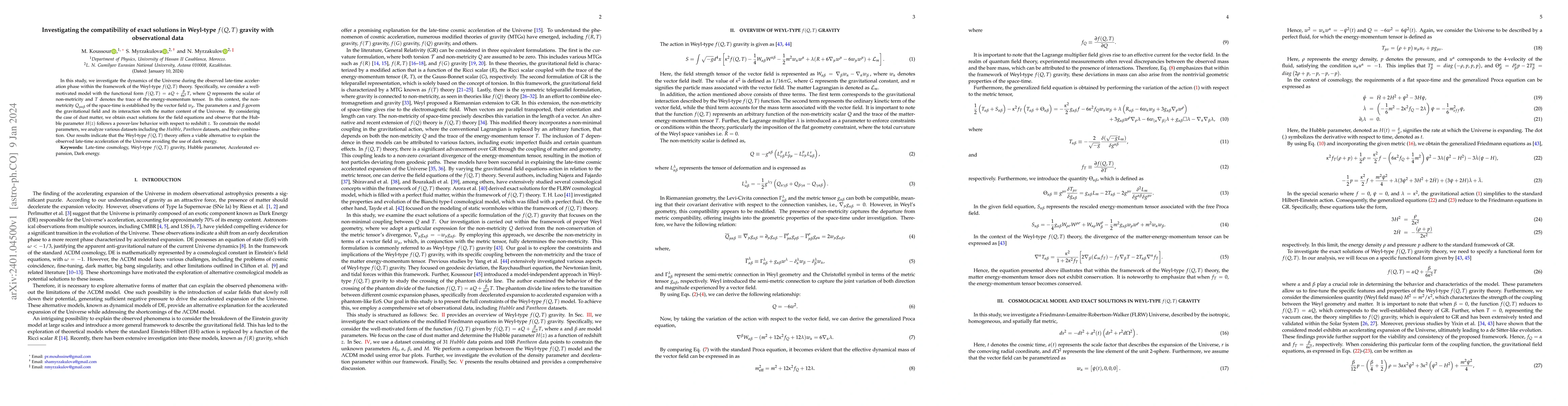 Thumbnail for Investigating the compatibility of exact solutions in Weyl-type $f(Q,T)$
  gravity with observational data