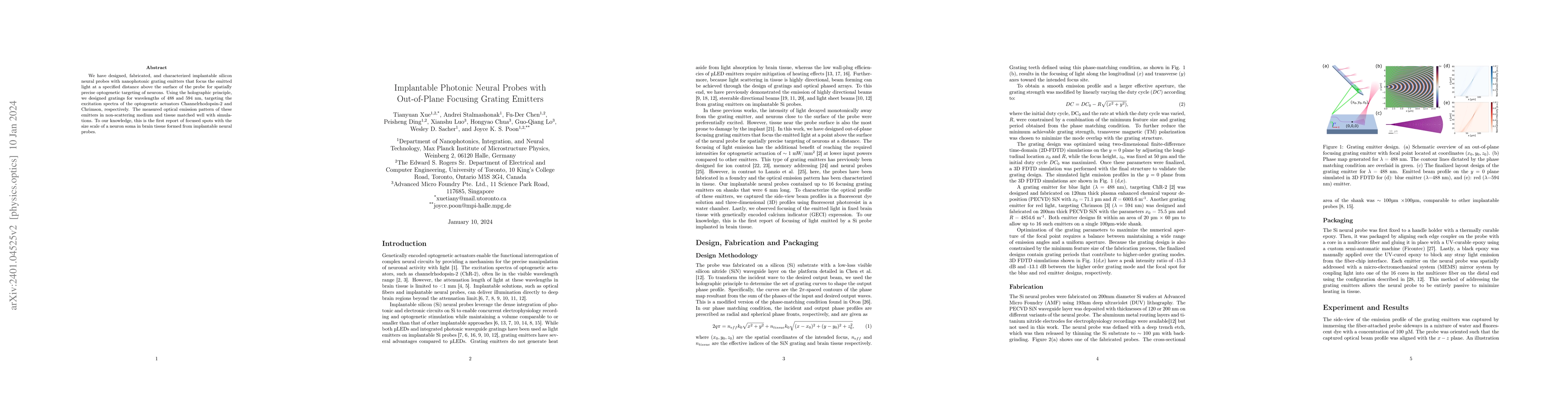 Thumbnail for Implantable Photonic Neural Probes with Out-of-Plane Focusing Grating
  Emitters
