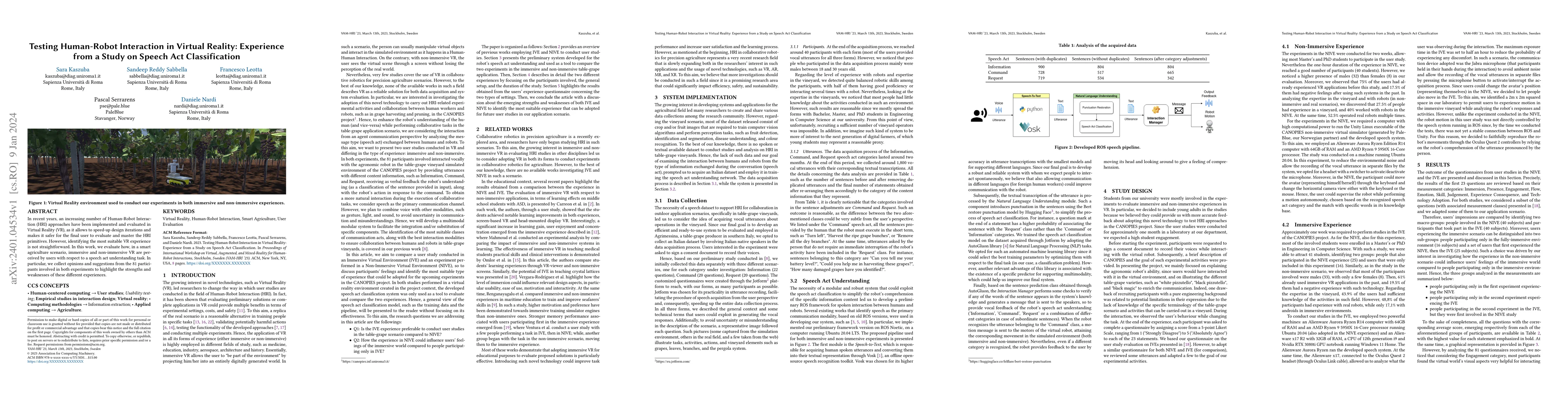 Thumbnail for Testing Human-Robot Interaction in Virtual Reality: Experience from a
  Study on Speech Act Classification