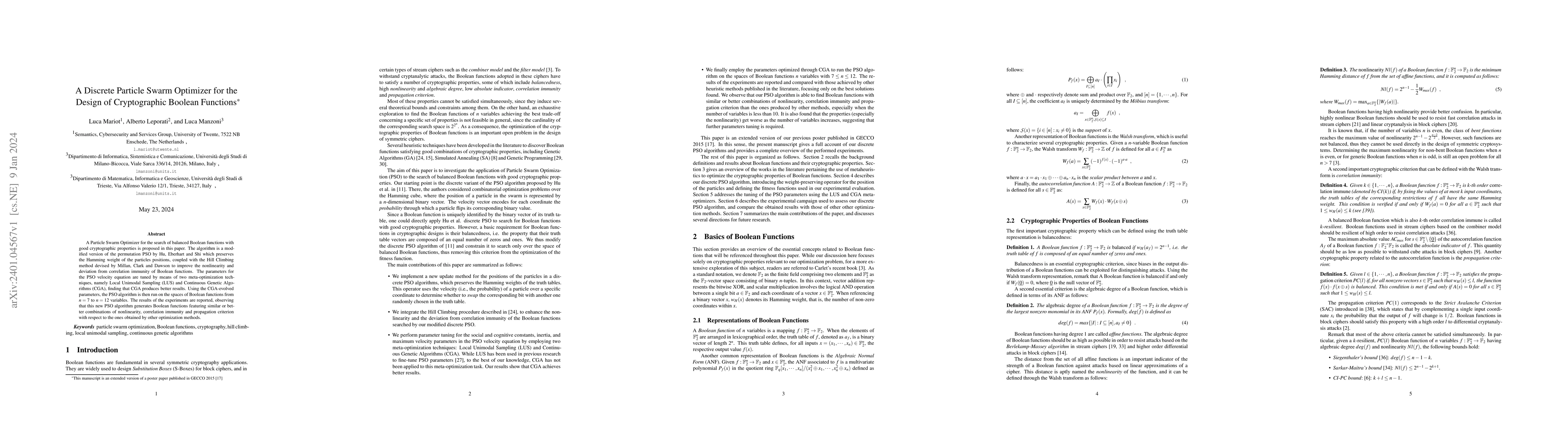 Thumbnail for A Discrete Particle Swarm Optimizer for the Design of Cryptographic
  Boolean Functions