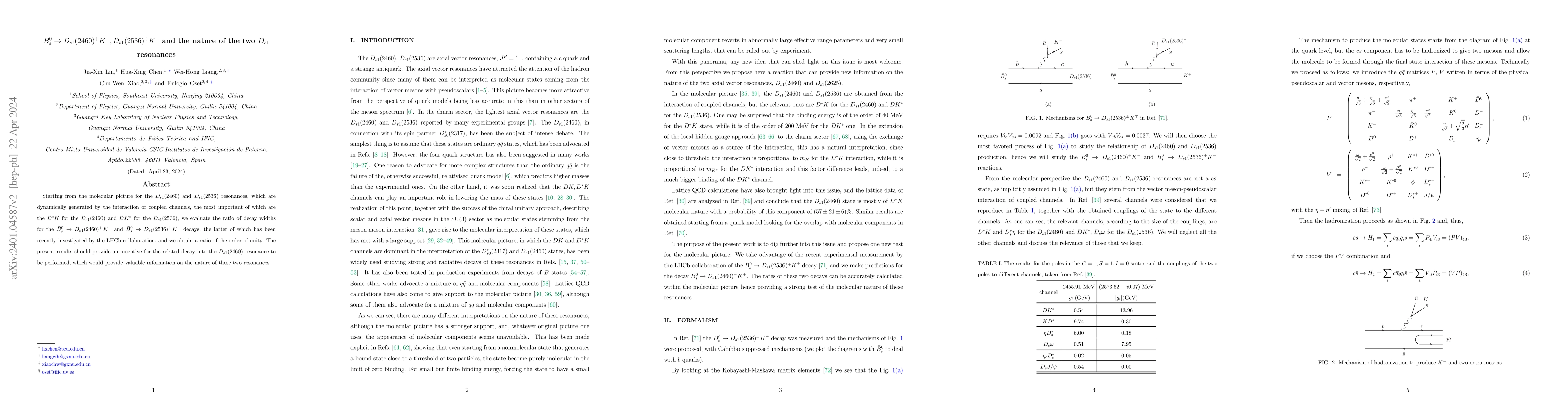 Thumbnail for $\bar{B}_s^0 \to D_{s1}(2460)^+ K^-, D_{s1}(2536)^+ K^-$ and the nature
  of the two $D_{s1}$ resonance