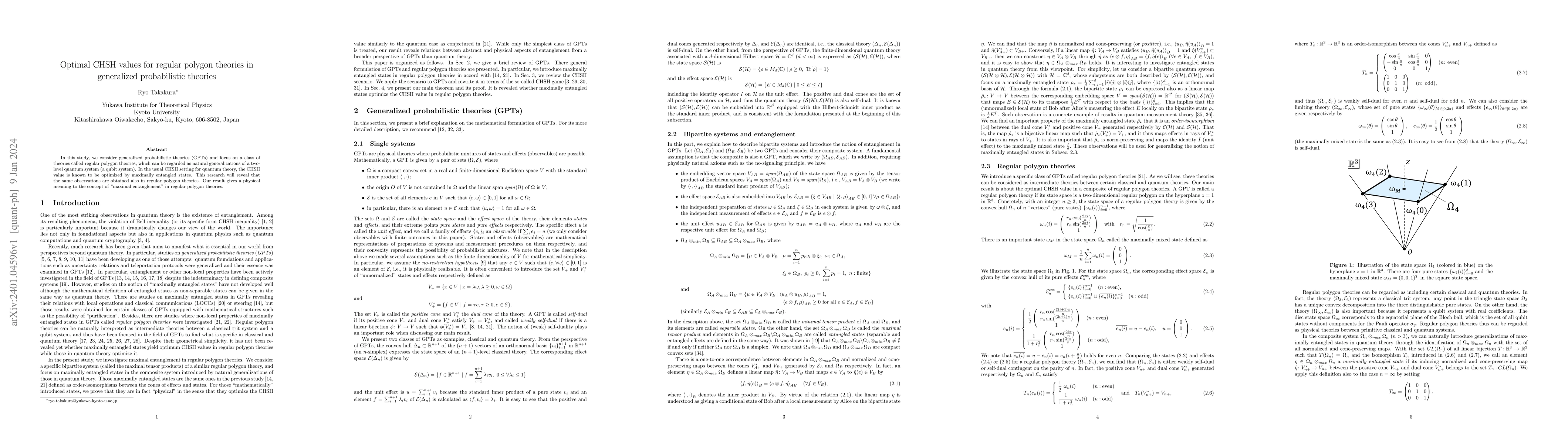 Thumbnail for Optimal CHSH values for regular polygon theories in generalized
  probabilistic theories